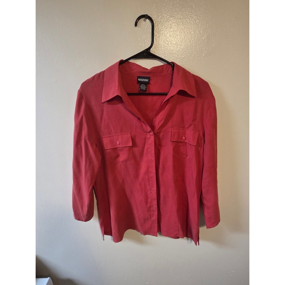 Notations Silk Blouse Coral Red Button Up 3/4 Sleeve Pocket Top MSF80067 L